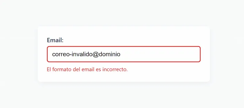 Screenshot de un formulario accesible mostrando un error de validación, con el mensaje de error vinculado al campo mediante aria-describedby.