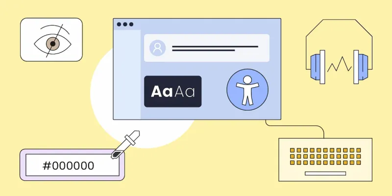 Gráfico conceptual de accesibilidad web (a11y) mostrando la inclusión digital para diversas capacidades (visual, auditiva, motora y cognitiva)