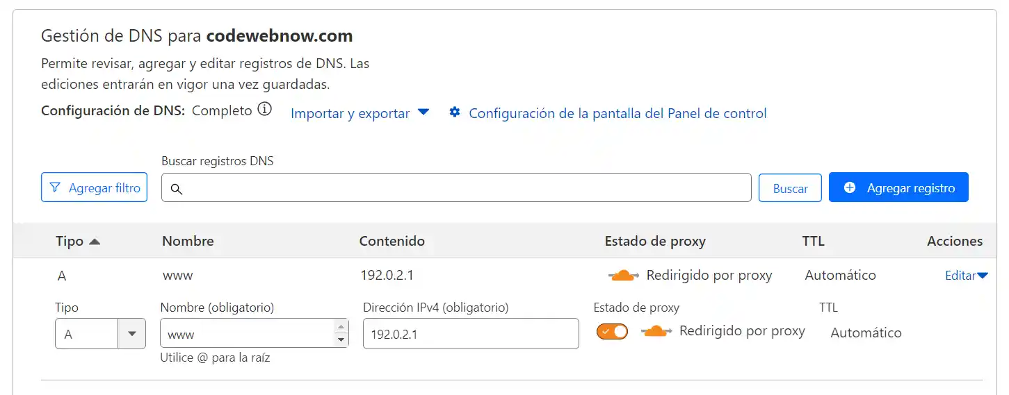 Registro DNS Cloudflare