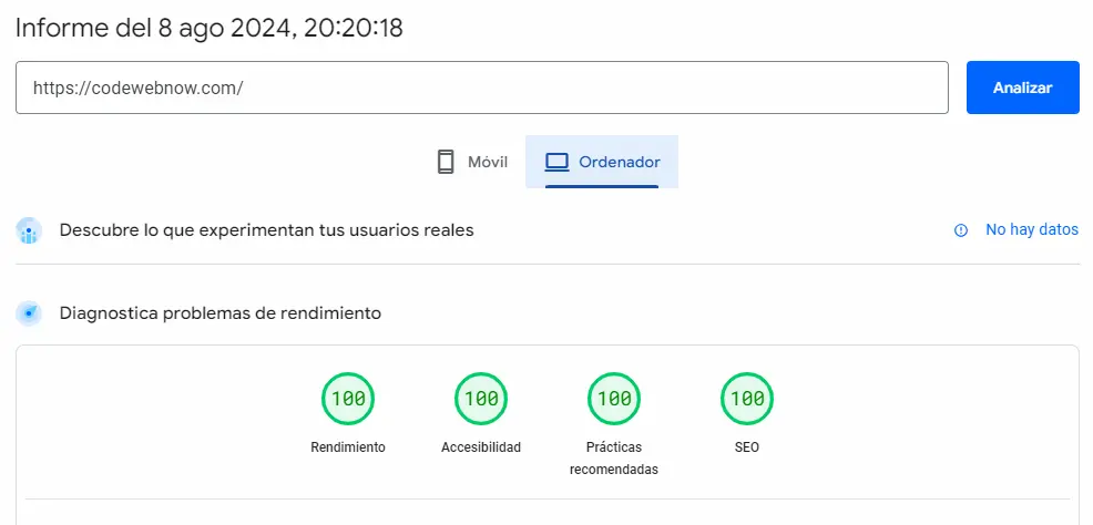 Análisis de rendimiento de CodeWebNow en Google PageSpeed Insights